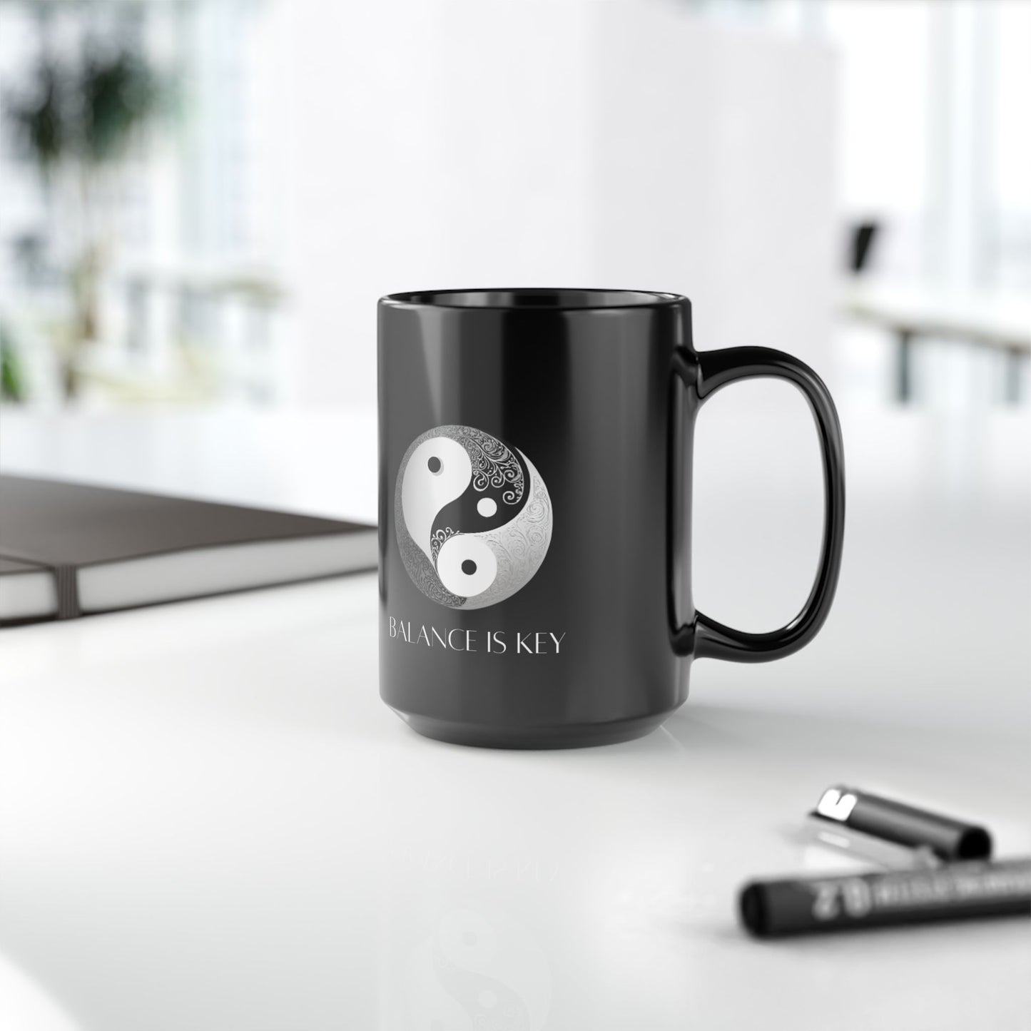 Balance Is Key Grey DM1111 Black Mug (11oz, 15oz)