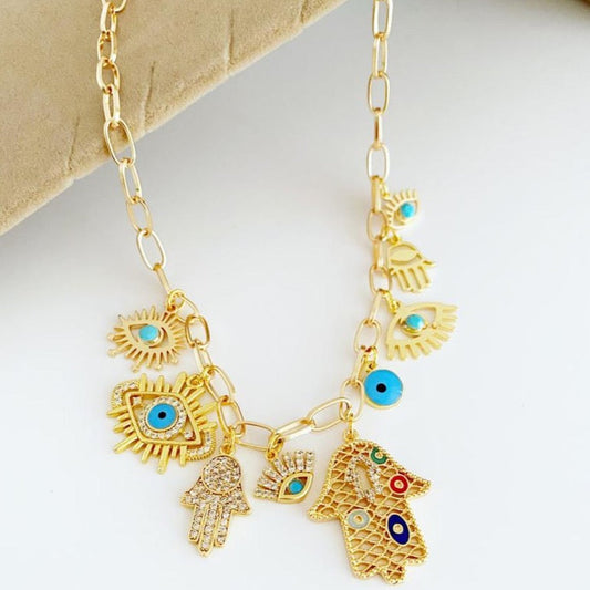 Gold Chain Necklace, Evil Eye Necklace, Chunky Chain Necklace, Hamsa