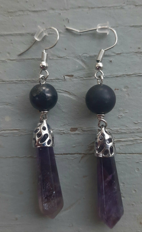 Amethyst Shungite Black Tourmaline Hematite Earrings EMF 5G Protection