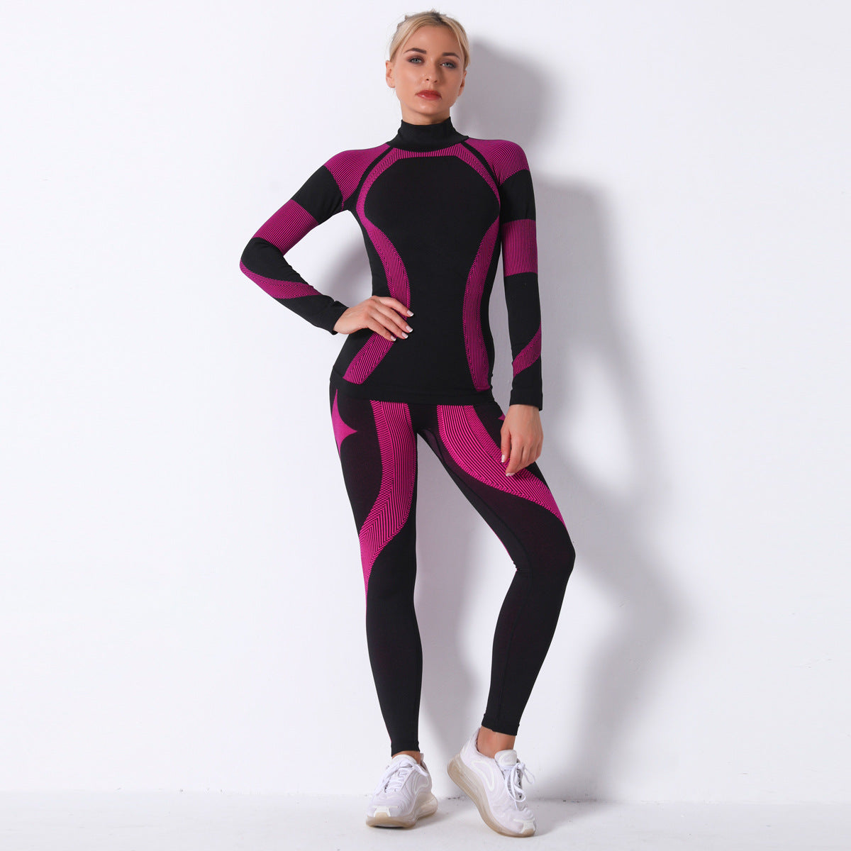 Spot  Seamless Knitted Striped Sports Yoga Long Sleeve Workout Clothes Sweat-Absorbent Outdoor Sports Yoga Suit