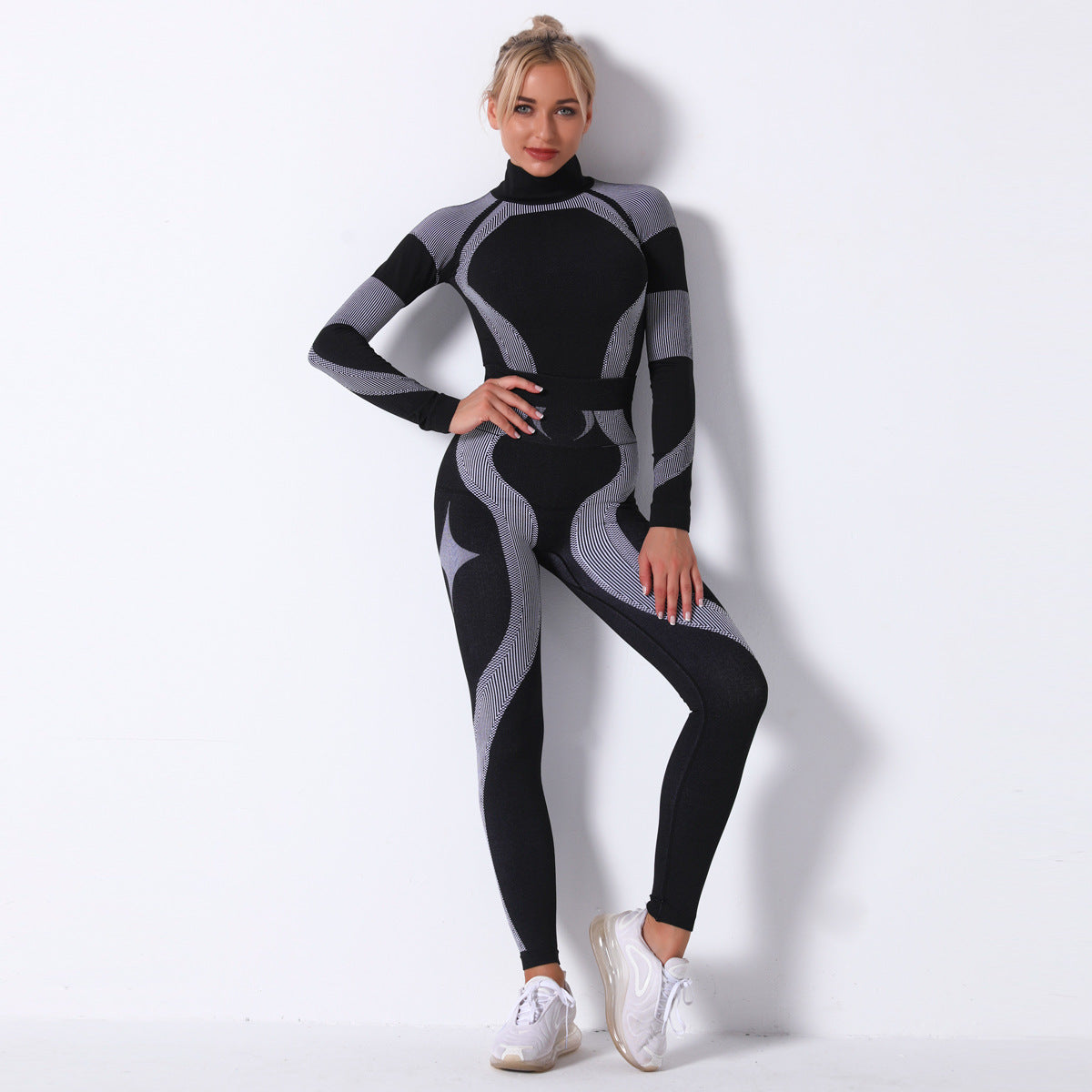 Spot  Seamless Knitted Striped Sports Yoga Long Sleeve Workout Clothes Sweat-Absorbent Outdoor Sports Yoga Suit