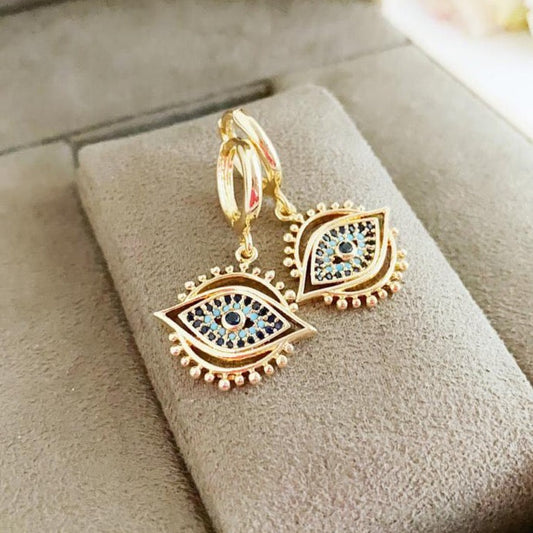 Evil eye hoop earrings, gold evil eye earrings, dangle earrings