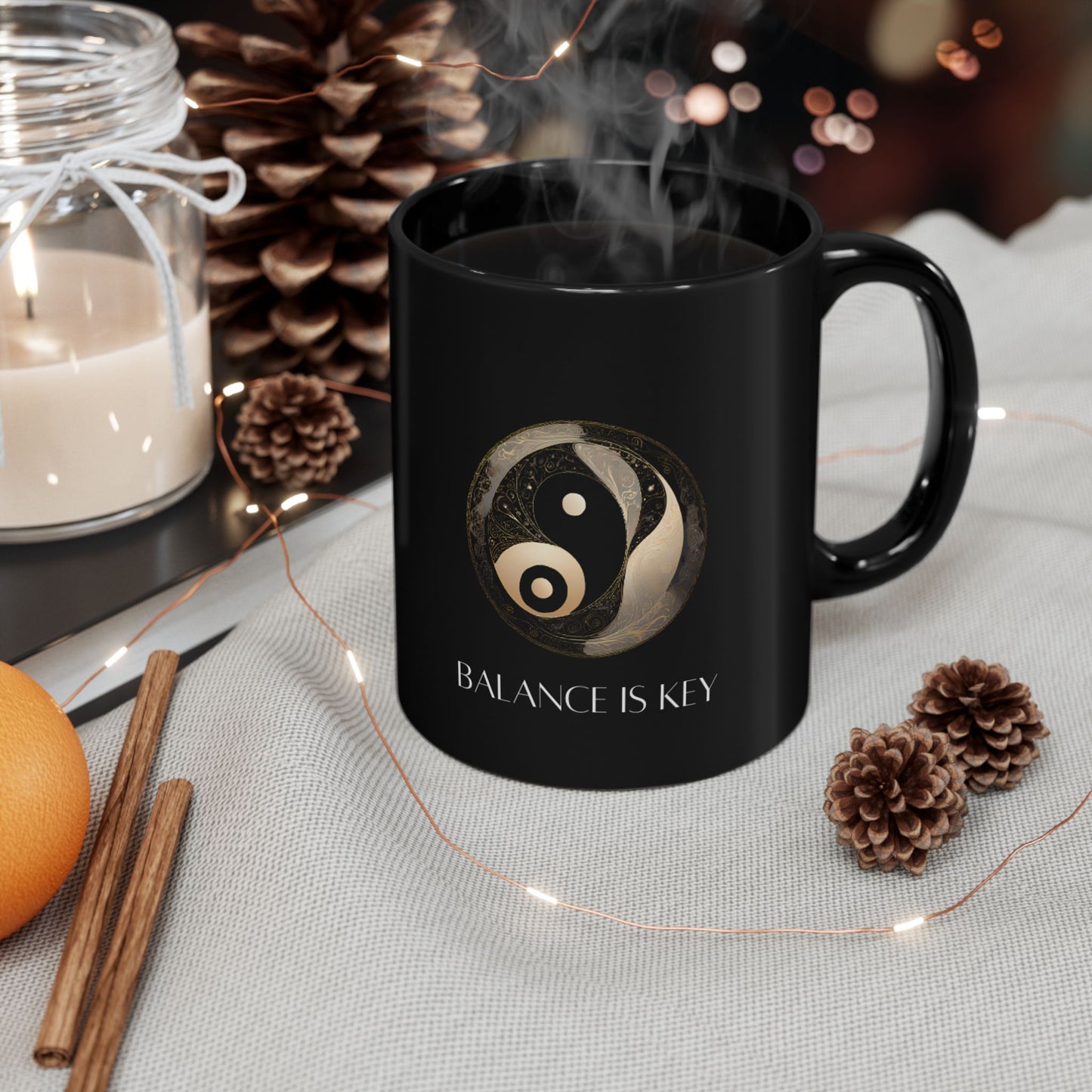 Balance Is Key Gold DM1111 Black Mug (11oz, 15oz)