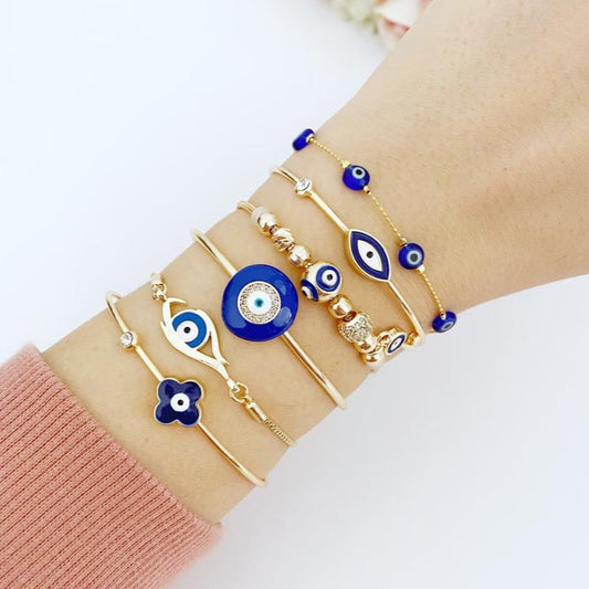 Blue Evil Eye Bracelet, Evil Eye Cuff Bracelet, Gold Bracelet