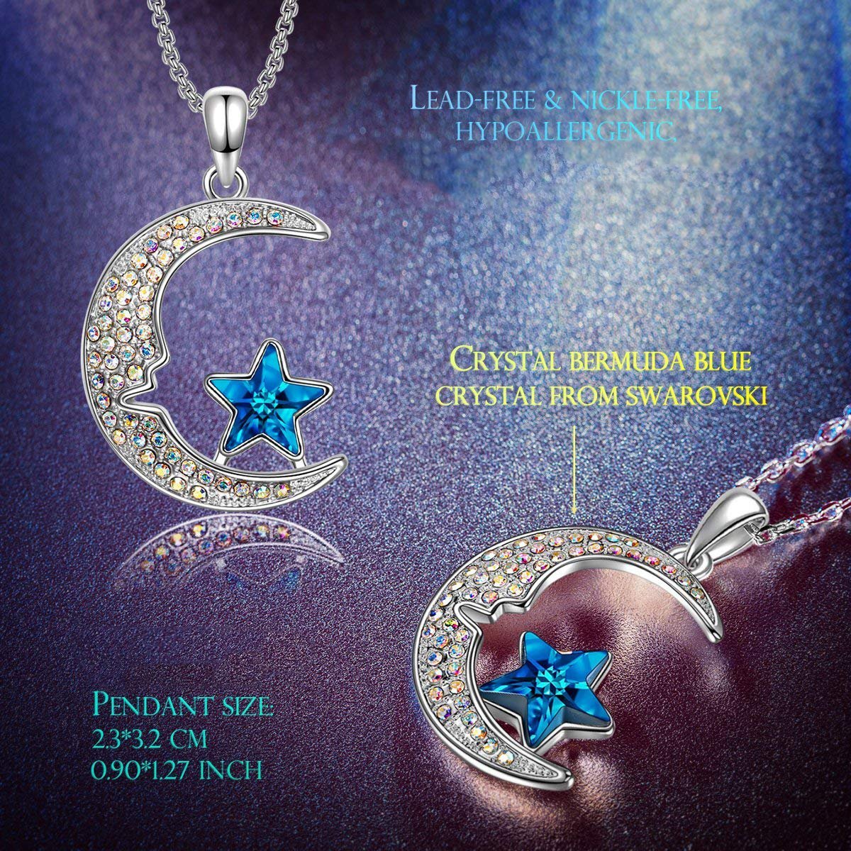 Aurora Borealis Cresent Moon and Star Necklace, ITALY Design