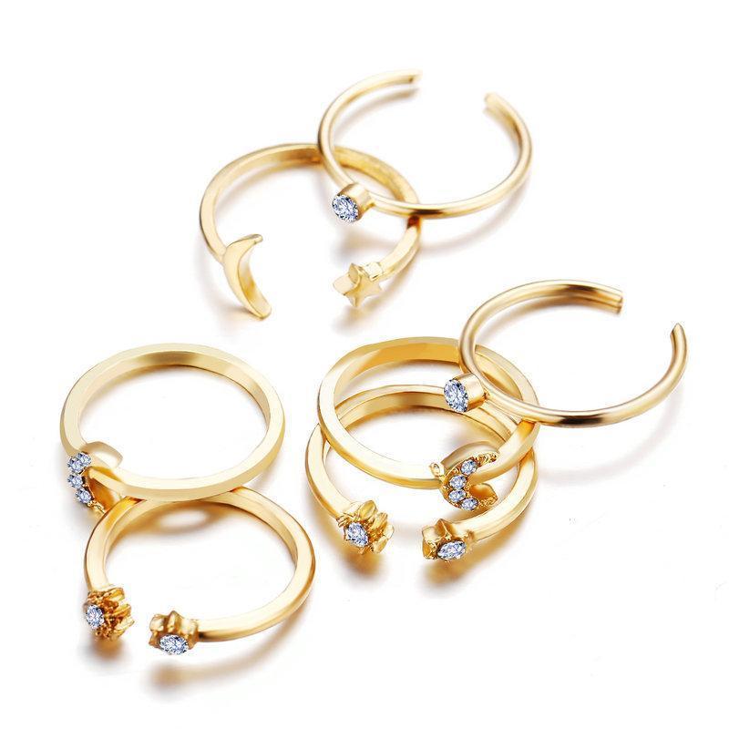 7 Piece Moon & Stars Ring Set with Gemstone Crystals, 18K Gold Plated