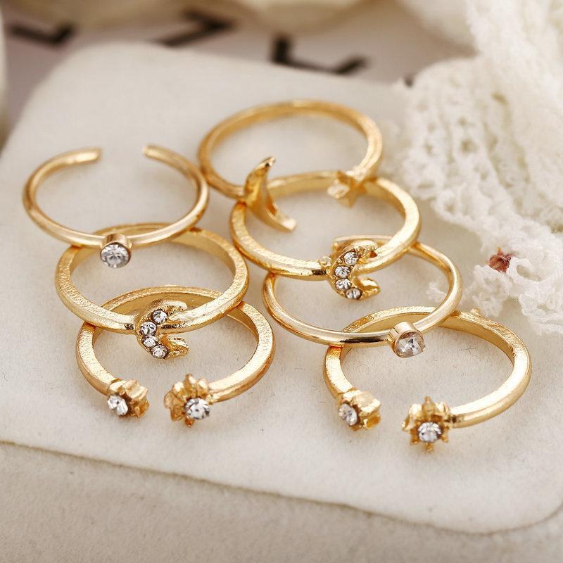 7 Piece Moon & Stars Ring Set with Gemstone Crystals, 18K Gold Plated