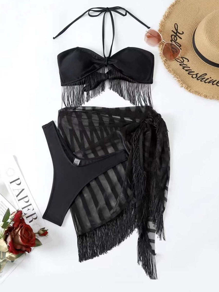 Mesh Tassle Skirt Bikini Solid Swimsuit Dm1111 Llc