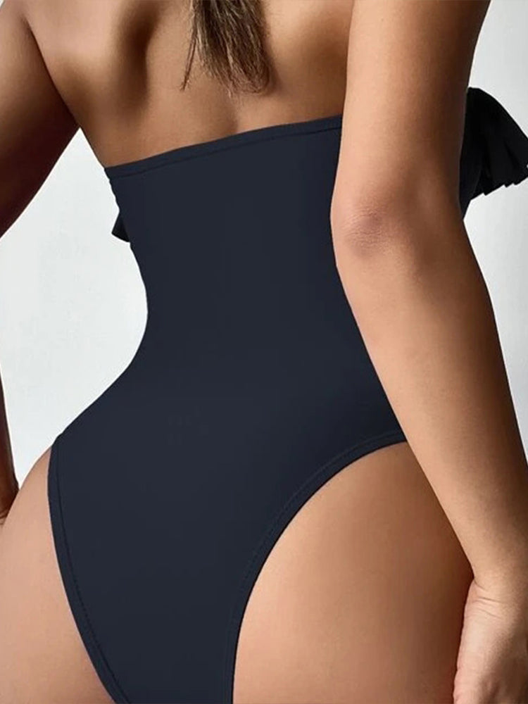 Ruffles Swimwear Sexy Strapless Pleated One Piece Bodysuit