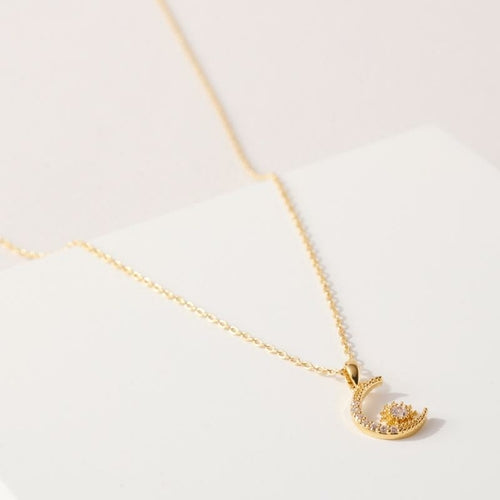 Crescent Moon and Star CZ Necklace