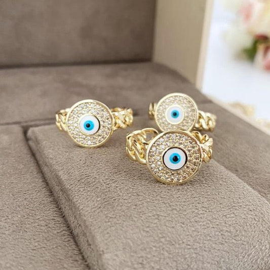 Gold Evil Eye Ring, Curb Chain Ring, Zircon Charm Ring