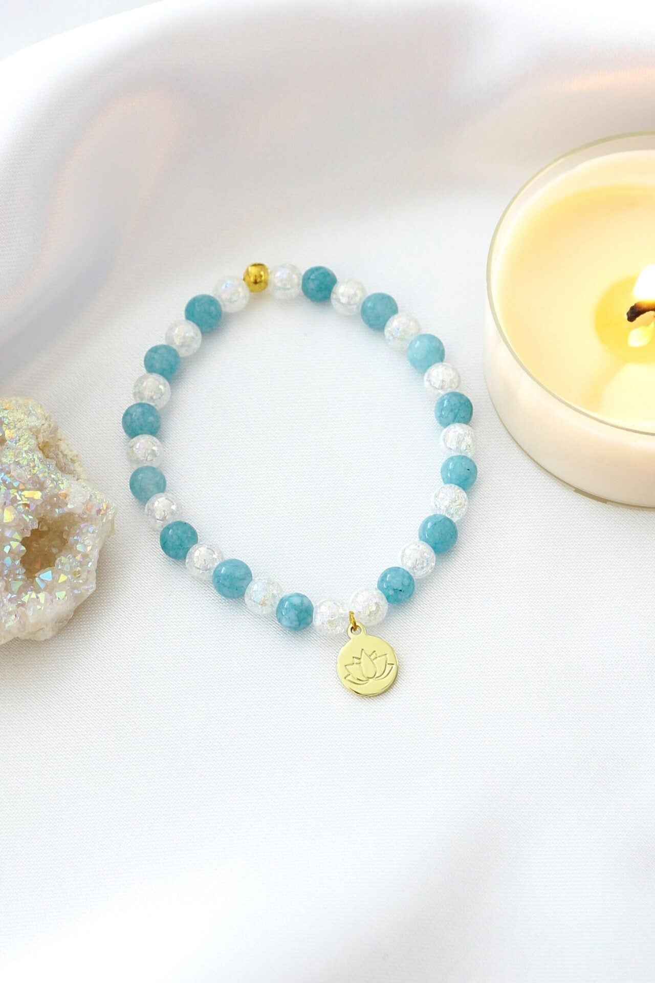 Aquamarine Elastic Bracelet | 24K Lotus Flower Charm