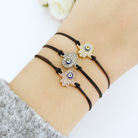 Evil eye bracelet, hamsa charm bracelet, evil eye beads, black string