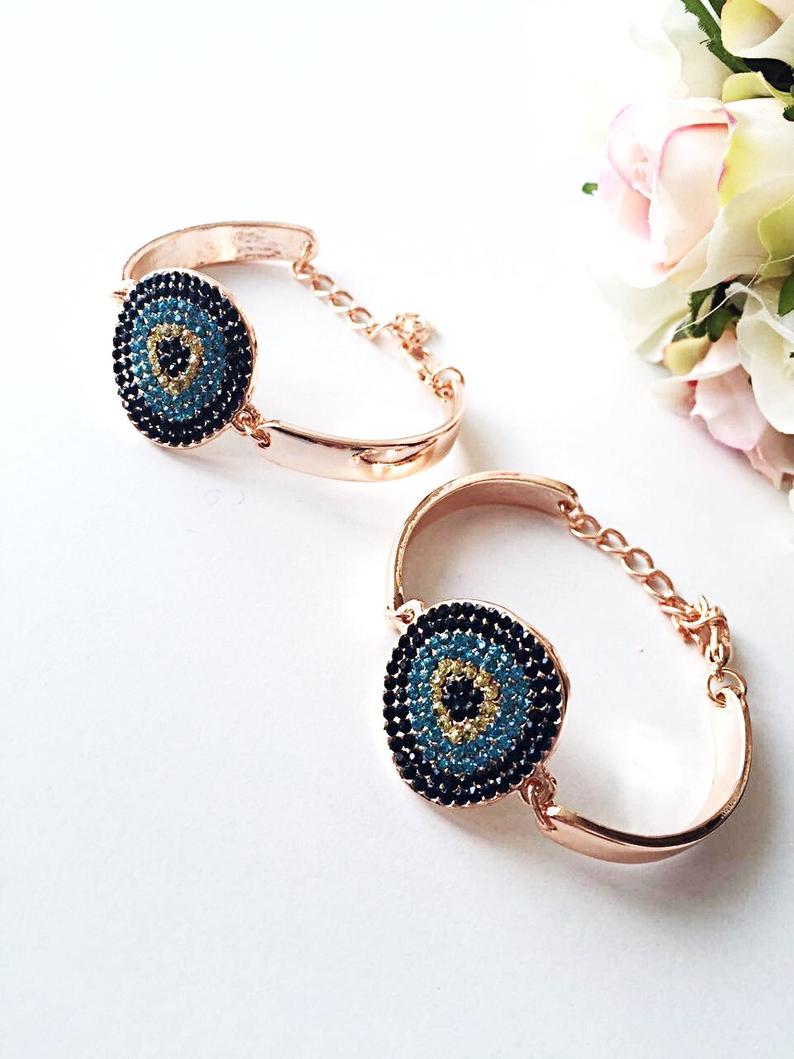 Evil Eye Bracelet, Gold Chain Bracelet, Evil Eye Zircon Charm, Greek