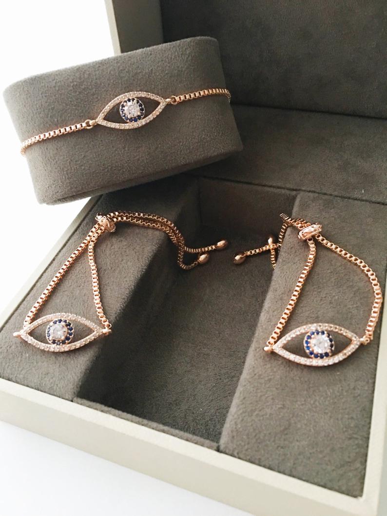 Adjustable Evil Eye Bracelet, Rose Gold Bracelet, Zircon Charm