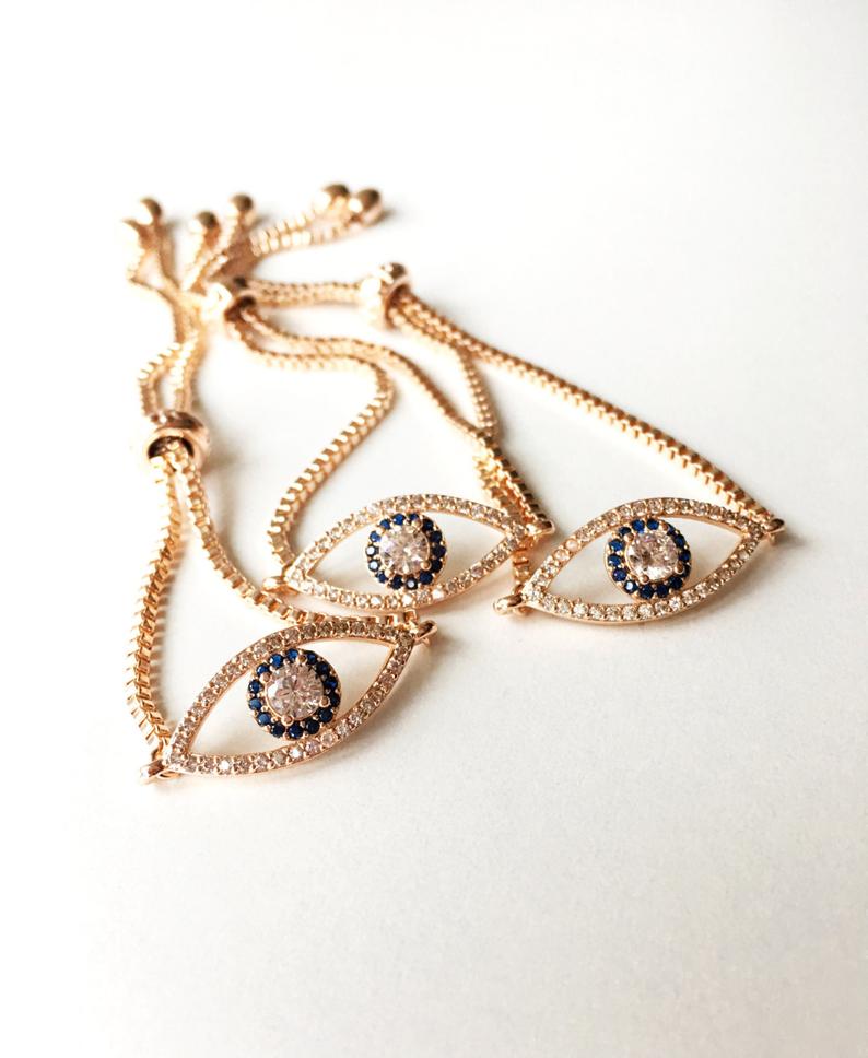 Adjustable Evil Eye Bracelet, Rose Gold Bracelet, Zircon Charm