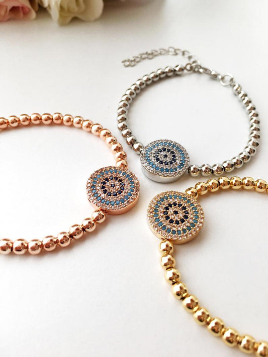 Evil Eye Beaded Bracelet, Rose Gold Silver Bracelet, Zircon Bracelet