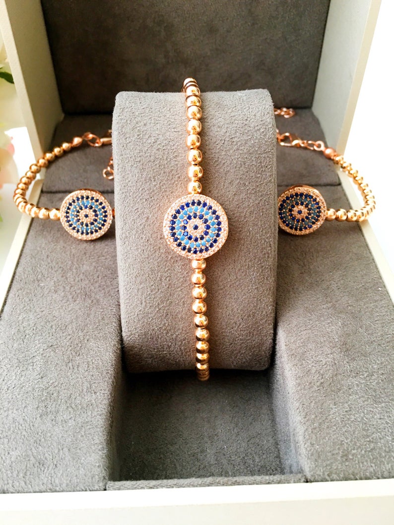 Evil Eye Beaded Bracelet, Rose Gold Silver Bracelet, Zircon Bracelet