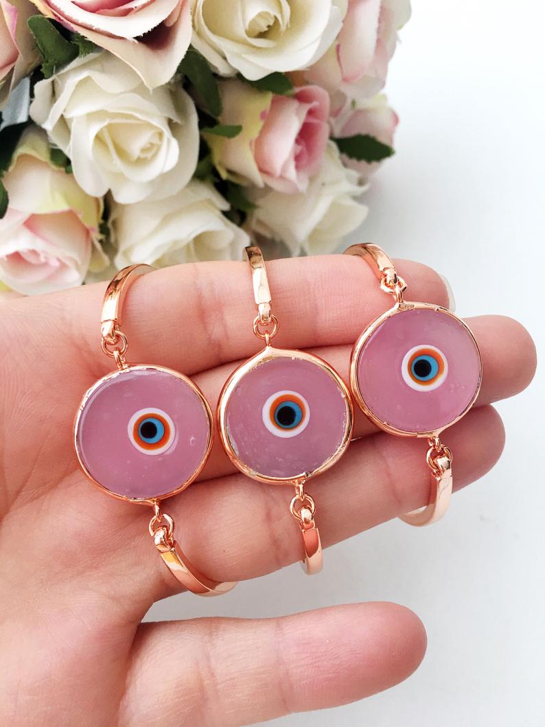 Murano Evil Eye Bracelet, Pink Murano Bracelet, Rose Gold Chain