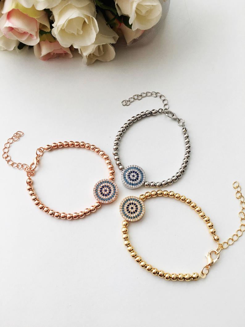 Evil Eye Beaded Bracelet, Rose Gold Silver Bracelet, Zircon Bracelet