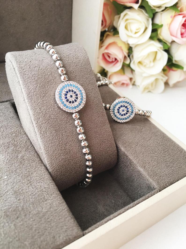 Evil Eye Beaded Bracelet, Rose Gold Silver Bracelet, Zircon Bracelet