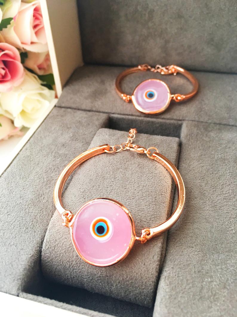 Murano Evil Eye Bracelet, Pink Murano Bracelet, Rose Gold Chain