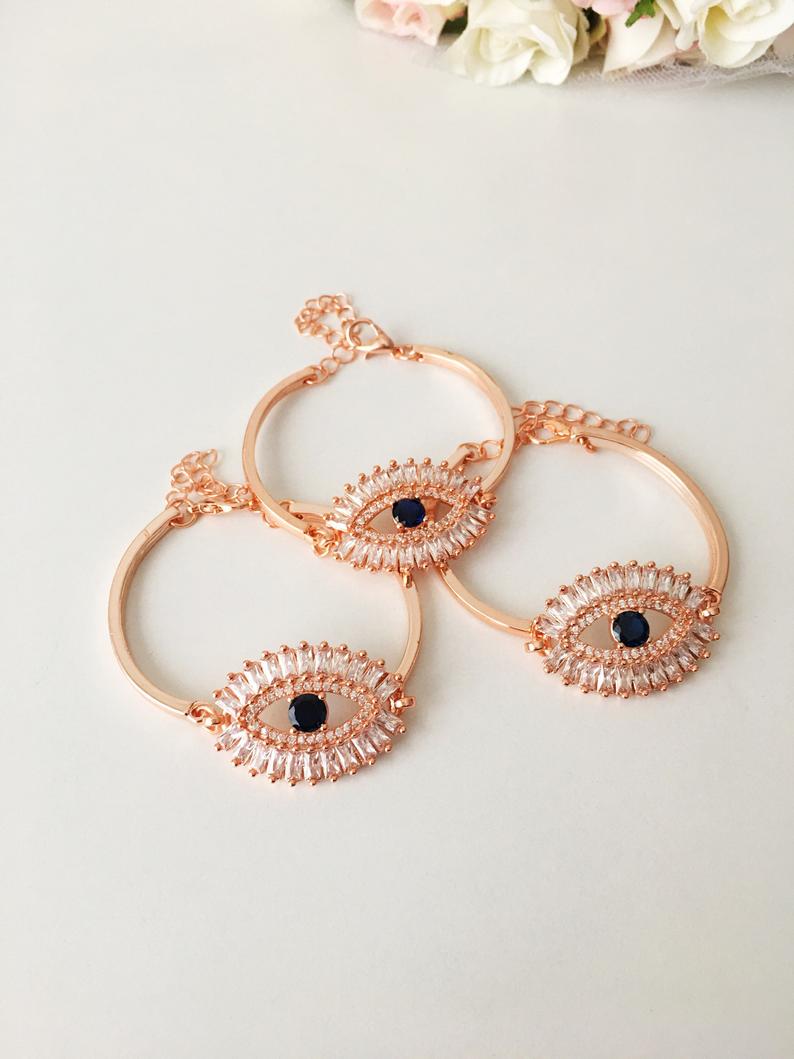 Cz Baguette Bracelet, Evil Eye Chain Bracelet, Rose Gold Silver