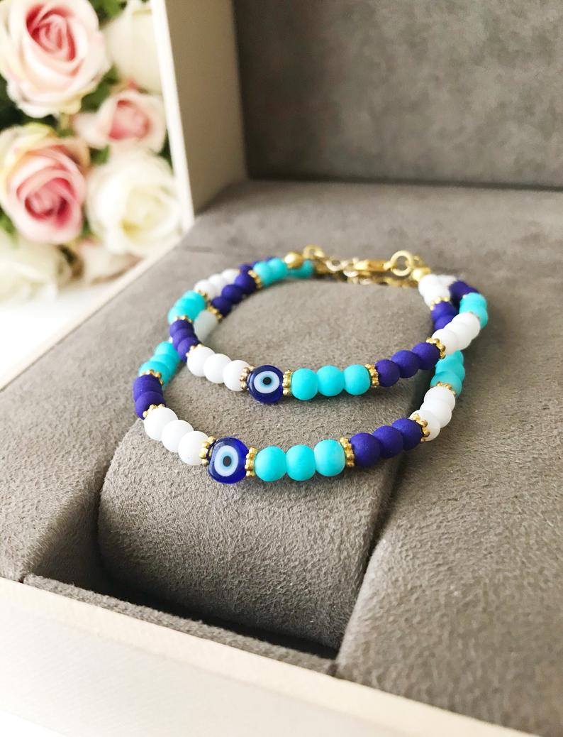 Blue Evil Eye Bracelet, Summer Evil Eye Jewelry, Glass Evil Eye Beaded