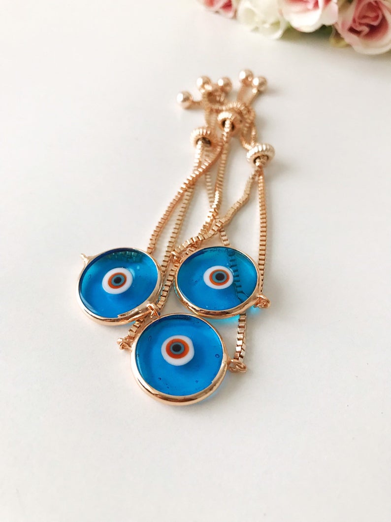 Murano Evil Eye Bracelet, Adjustable Rose Gold Bracelet, Greek Jewelry