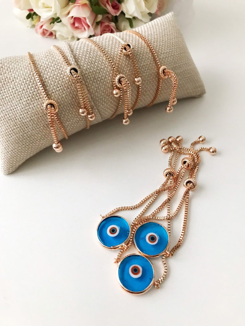 Murano Evil Eye Bracelet, Adjustable Rose Gold Bracelet, Greek Jewelry