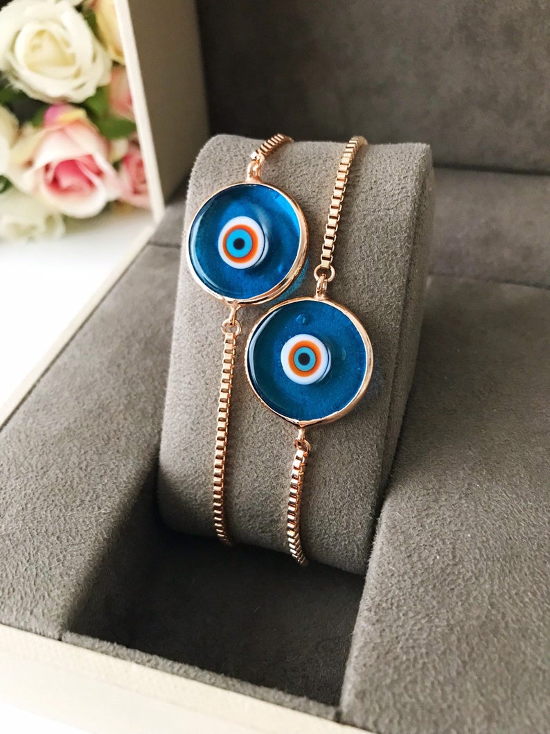 Murano Evil Eye Bracelet, Adjustable Rose Gold Bracelet, Greek Jewelry