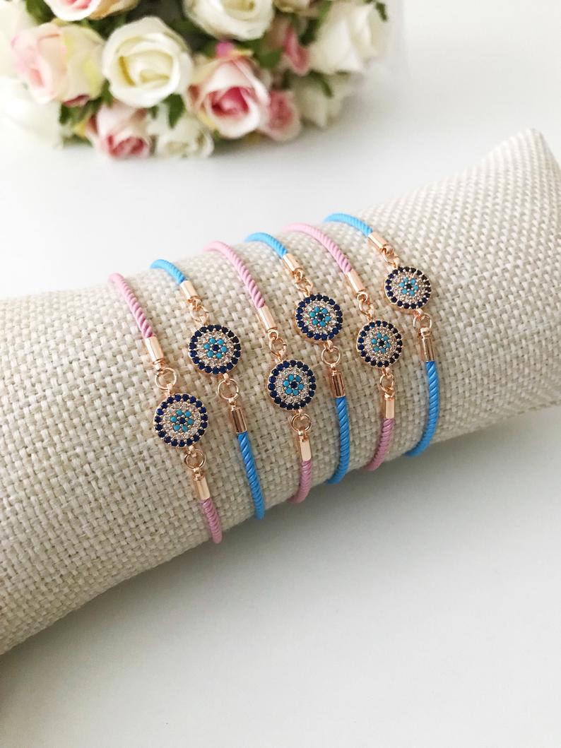 Evil Eye Bracelet, Zircon Evil Eye Bead, Adjustable Pink Blue String