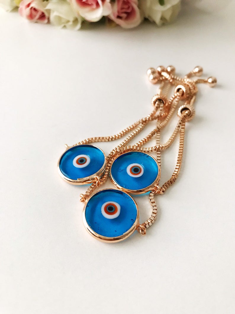 Murano Evil Eye Bracelet, Adjustable Rose Gold Bracelet, Greek Jewelry