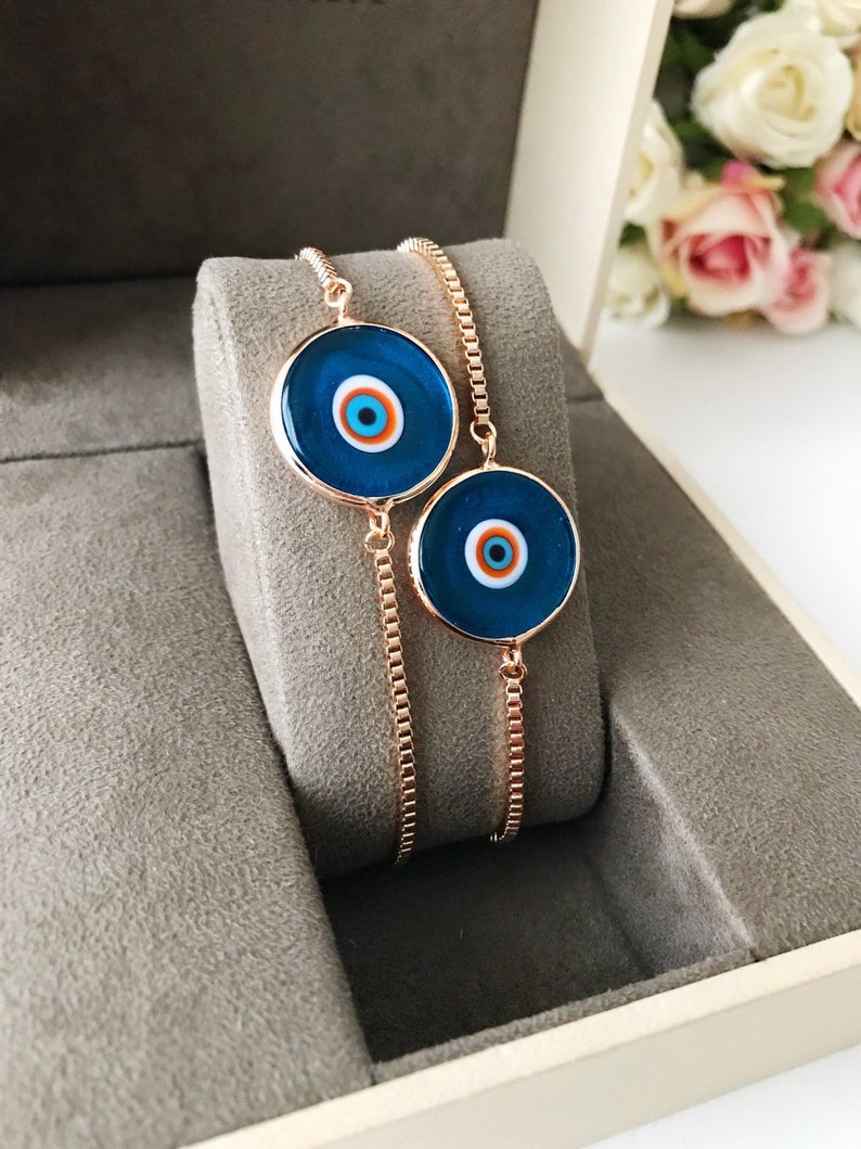 Murano Evil Eye Bracelet, Adjustable Rose Gold Bracelet, Greek Jewelry