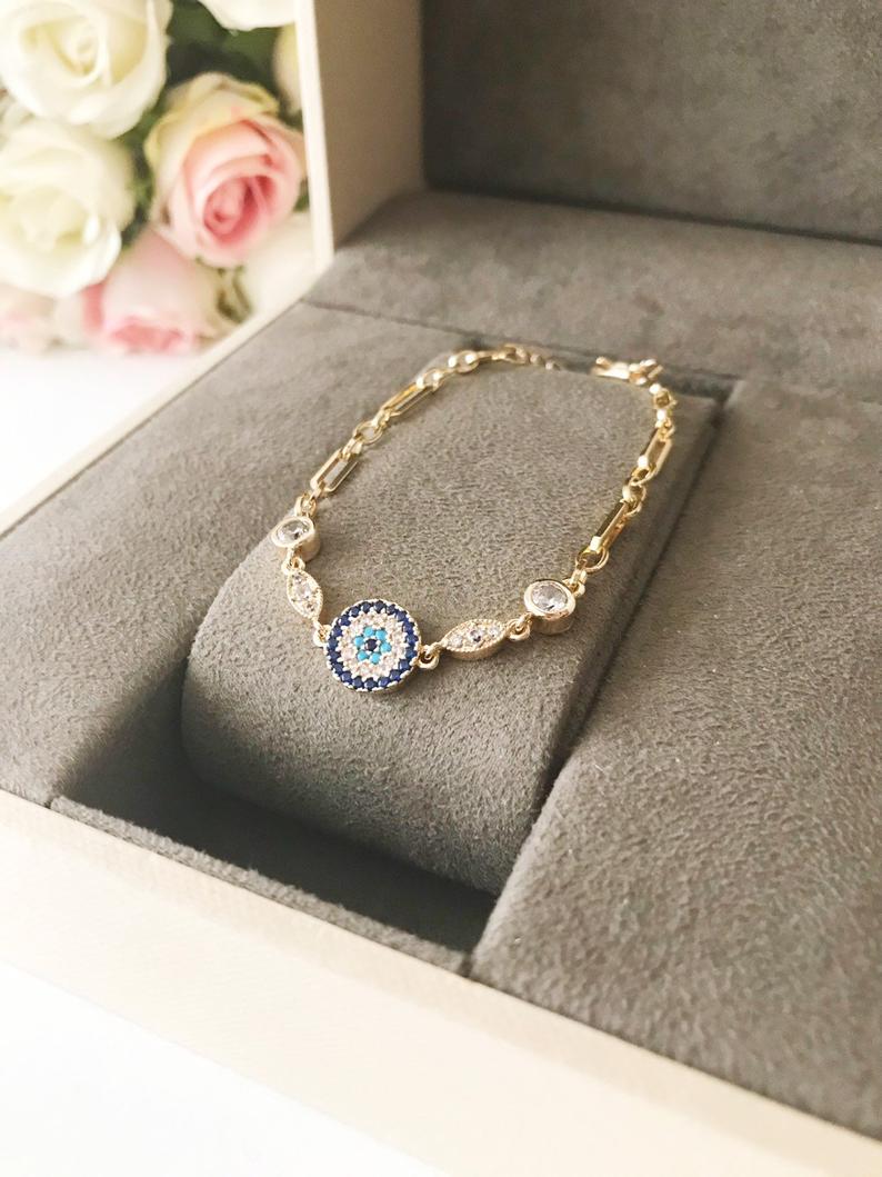 Evil Eye Bracelet, Zircon Charm Bracelet, Gold Chain Bracelet