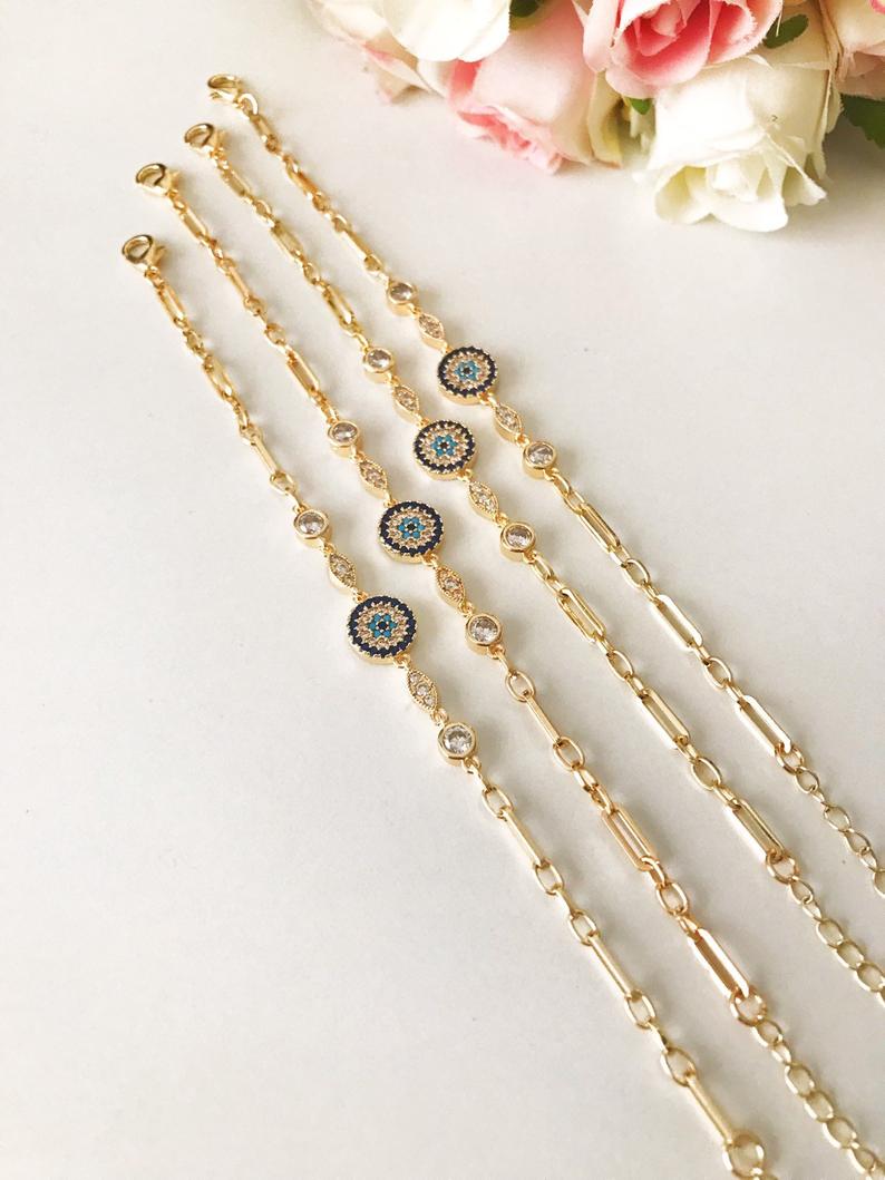 Evil Eye Bracelet, Zircon Charm Bracelet, Gold Chain Bracelet