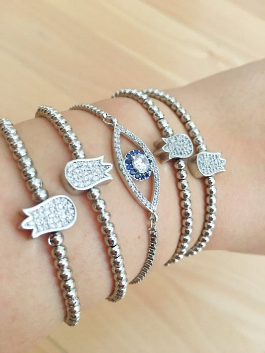 Silver Evil Eye Bracelet, Tulip Charm Bracelet