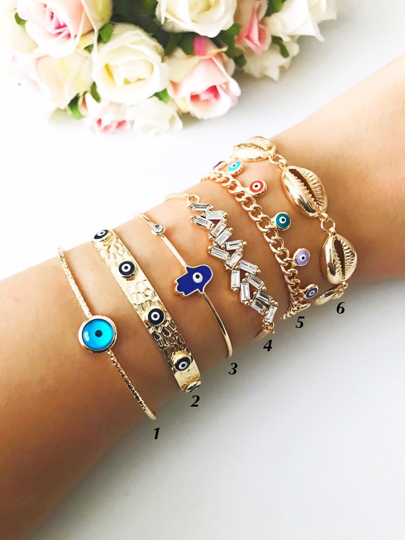 Evil Eye Bracelet, Gold Bangle Bracelet, Evil Eye Hamsa Jewelry