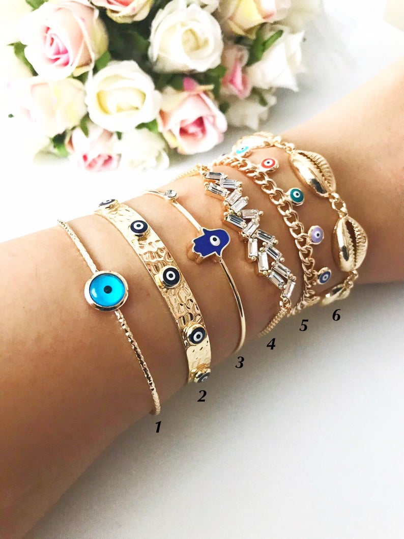 Evil Eye Bracelet, Gold Bangle Bracelet, Evil Eye Hamsa Jewelry