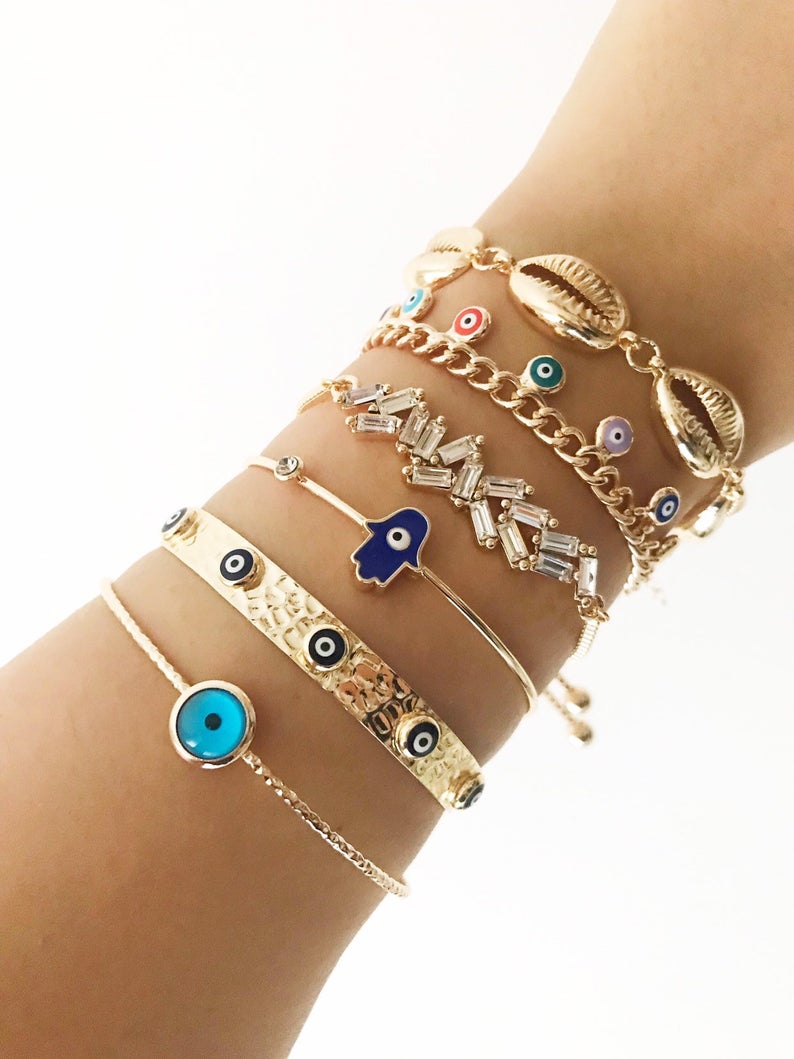 Evil Eye Bracelet, Gold Bangle Bracelet, Evil Eye Hamsa Jewelry