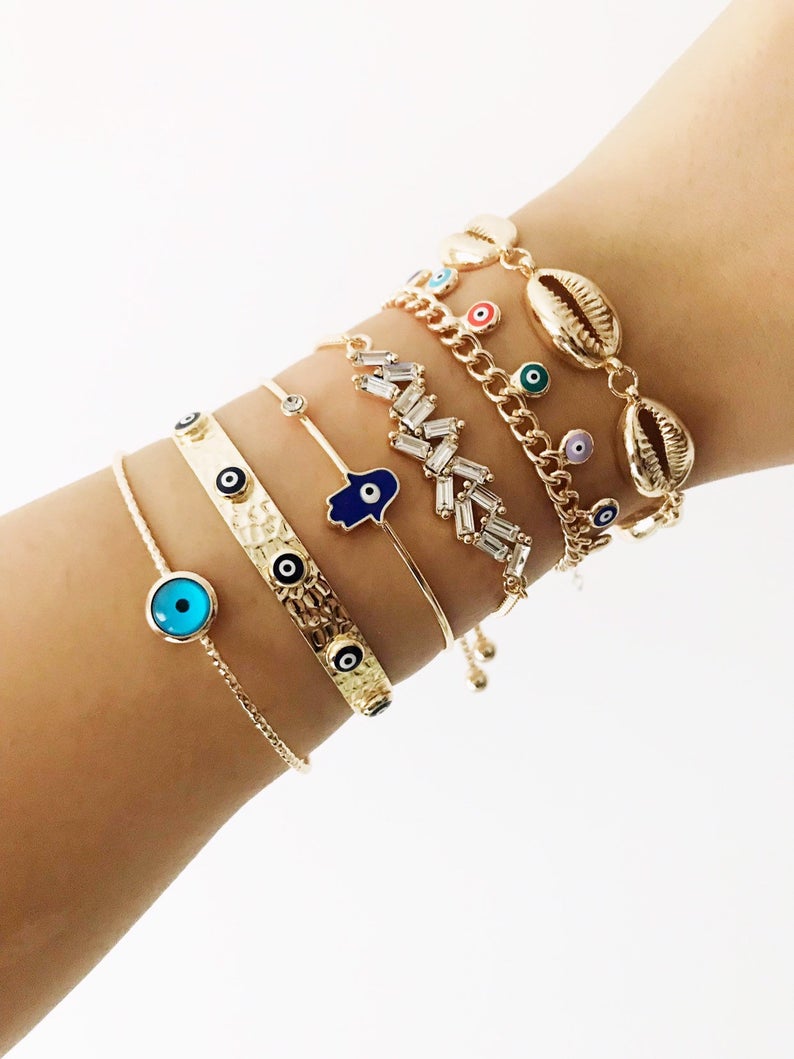 Evil Eye Bracelet, Gold Bangle Bracelet, Evil Eye Hamsa Jewelry