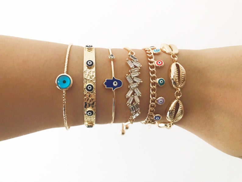 Evil Eye Bracelet, Gold Bangle Bracelet, Evil Eye Hamsa Jewelry