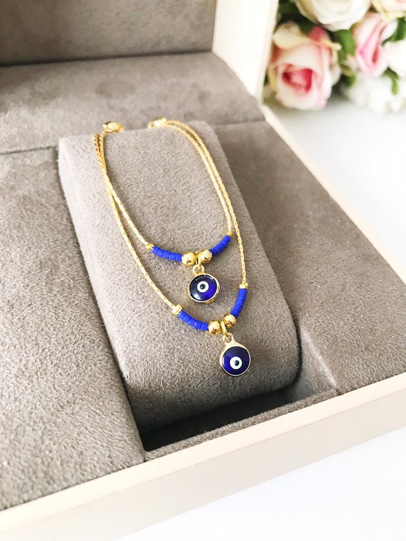 Greek Evil Eye Bracelet, Glass Blue Evil Eye Bead, Gold Chain Bracelet