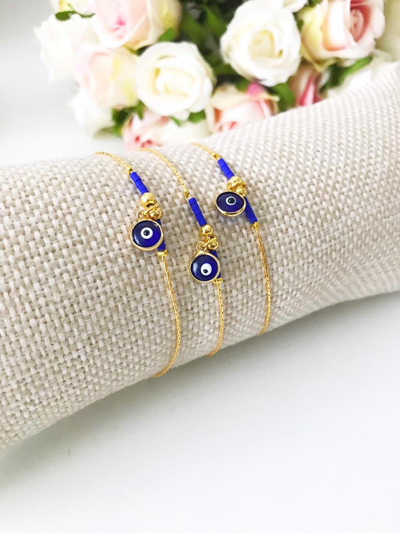 Greek Evil Eye Bracelet, Glass Blue Evil Eye Bead, Gold Chain Bracelet