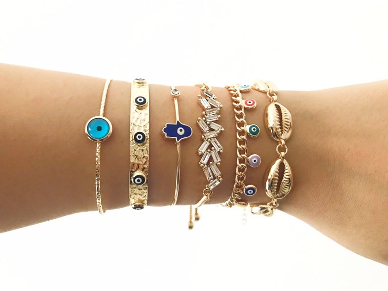 Evil Eye Bracelet, Gold Bangle Bracelet, Evil Eye Hamsa Jewelry