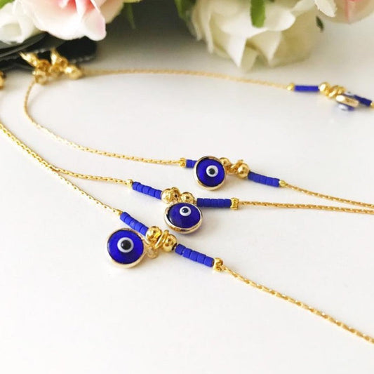 Greek Evil Eye Bracelet, Glass Blue Evil Eye Bead, Gold Chain Bracelet