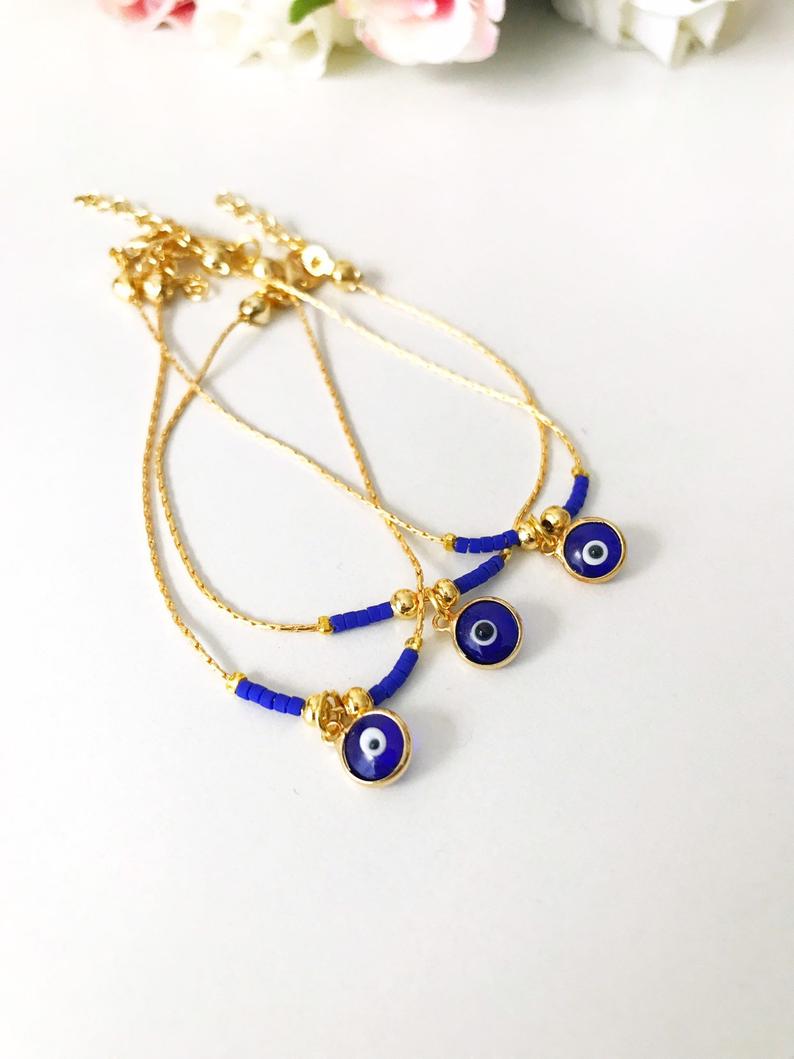 Greek Evil Eye Bracelet, Glass Blue Evil Eye Bead, Gold Chain Bracelet