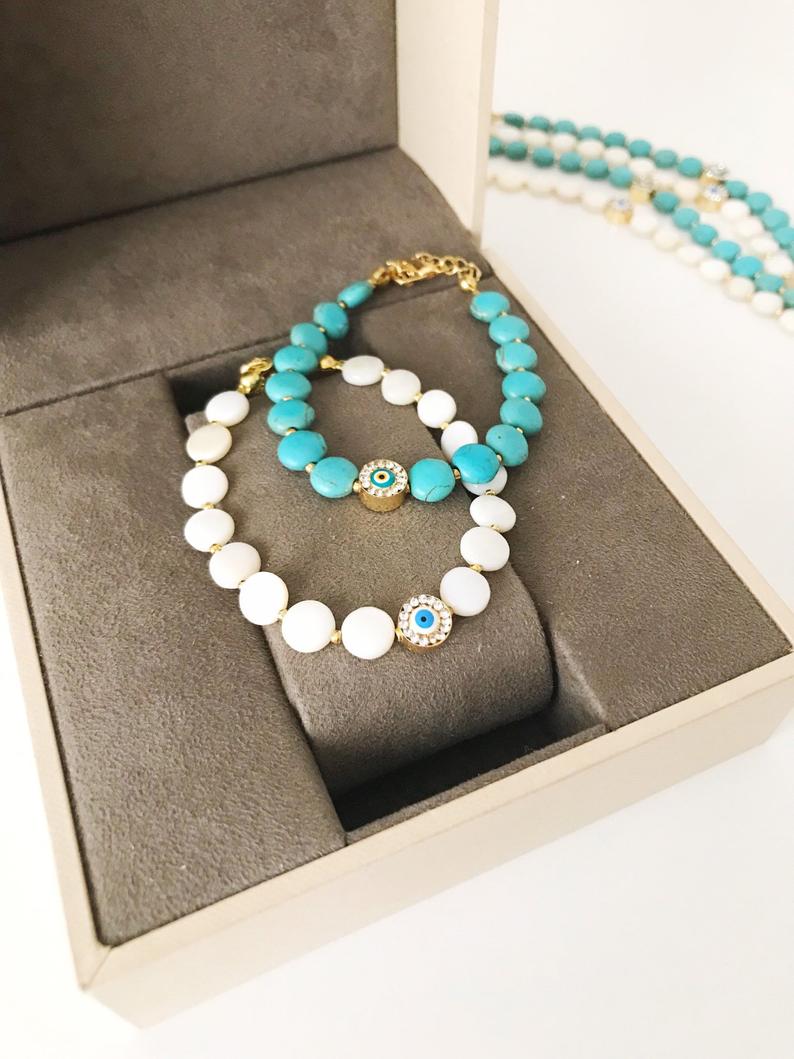 Evil Eye Bracelet, Greek Bracelet, Turquoise White Stone Bead Bracelet