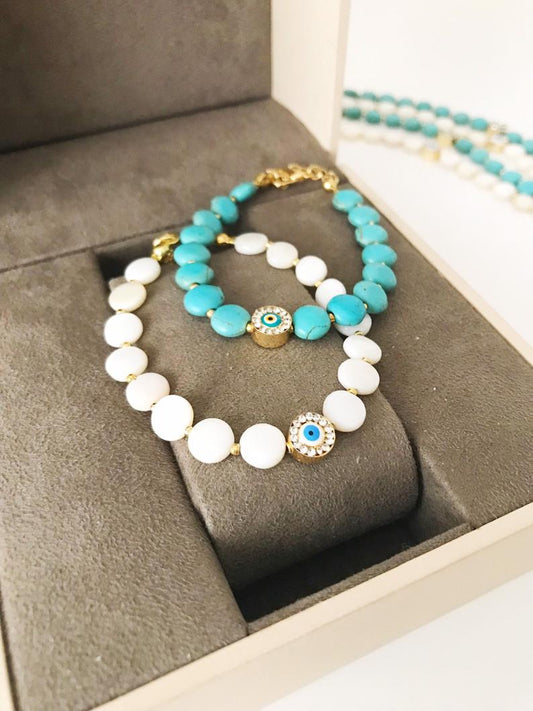 Evil Eye Bracelet, Greek Bracelet, Turquoise White Stone Bead Bracelet