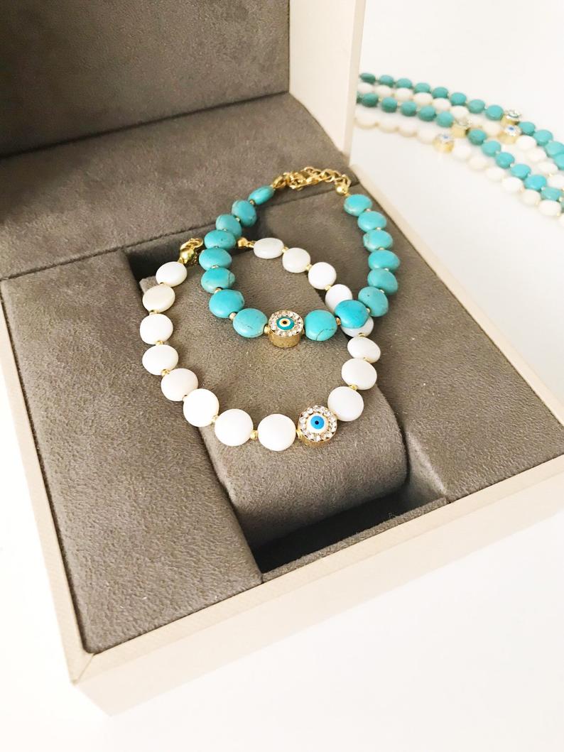 Evil Eye Bracelet, Greek Bracelet, Turquoise White Stone Bead Bracelet